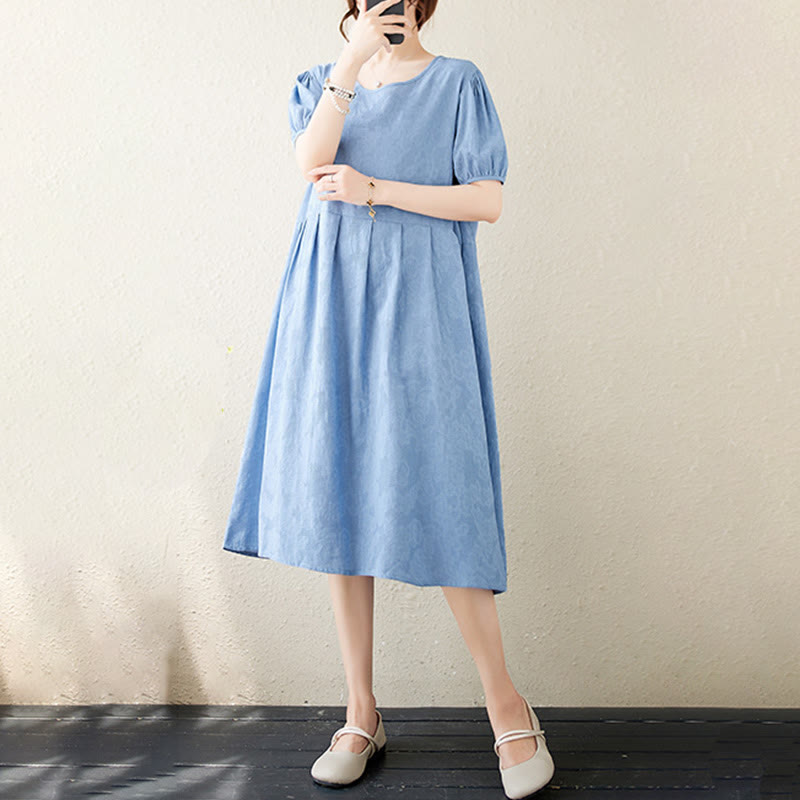 Sukienka midi Buddha Stones w jednolitym kolorze z żakardu z okrągłym dekoltem i krótkim bufiastym rękawem z bawełny i lnu - image 20