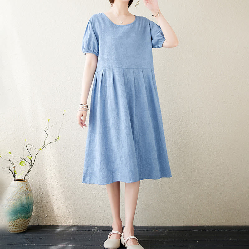 Sukienka midi Buddha Stones w jednolitym kolorze z żakardu z okrągłym dekoltem i krótkim bufiastym rękawem z bawełny i lnu - image 21