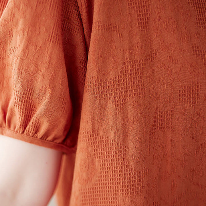 Sukienka midi Buddha Stones w jednolitym kolorze z żakardu z okrągłym dekoltem i krótkim bufiastym rękawem z bawełny i lnu - image 7