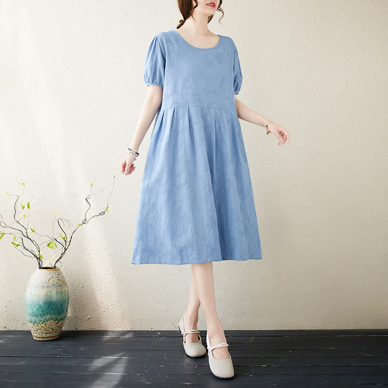 Sukienka midi Buddha Stones w jednolitym kolorze z żakardu z okrągłym dekoltem i krótkim bufiastym rękawem z bawełny i lnu - LightSkyBlue - US8-10，UK/AU12-14，EU40-42 (2XL) - image 17