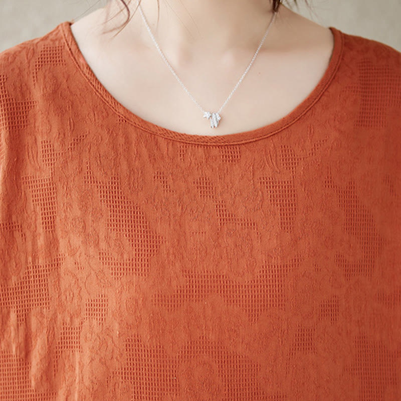 Sukienka midi Buddha Stones w jednolitym kolorze z żakardu z okrągłym dekoltem i krótkim bufiastym rękawem z bawełny i lnu - image 5