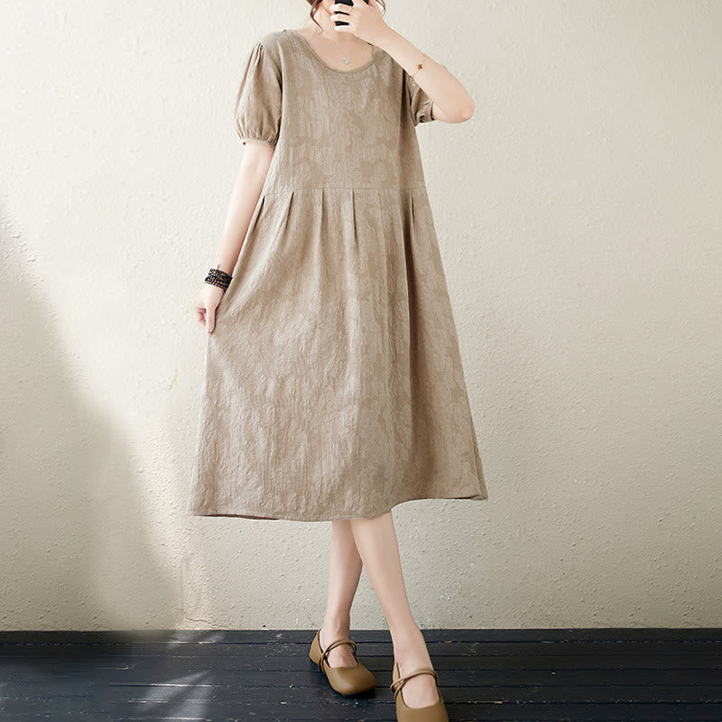 Sukienka midi Buddha Stones w jednolitym kolorze z żakardu z okrągłym dekoltem i krótkim bufiastym rękawem z bawełny i lnu - image 14