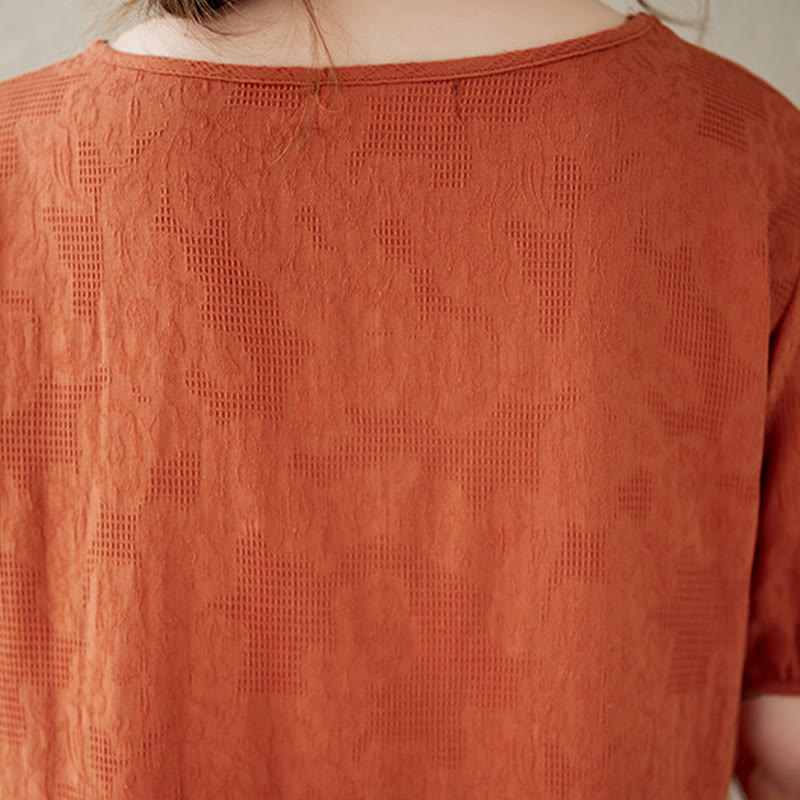 Sukienka midi Buddha Stones w jednolitym kolorze z żakardu z okrągłym dekoltem i krótkim bufiastym rękawem z bawełny i lnu - image 6