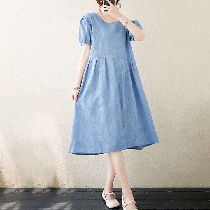 Sukienka midi Buddha Stones w jednolitym kolorze z żakardu z okrągłym dekoltem i krótkim bufiastym rękawem z bawełny i lnu - image 19