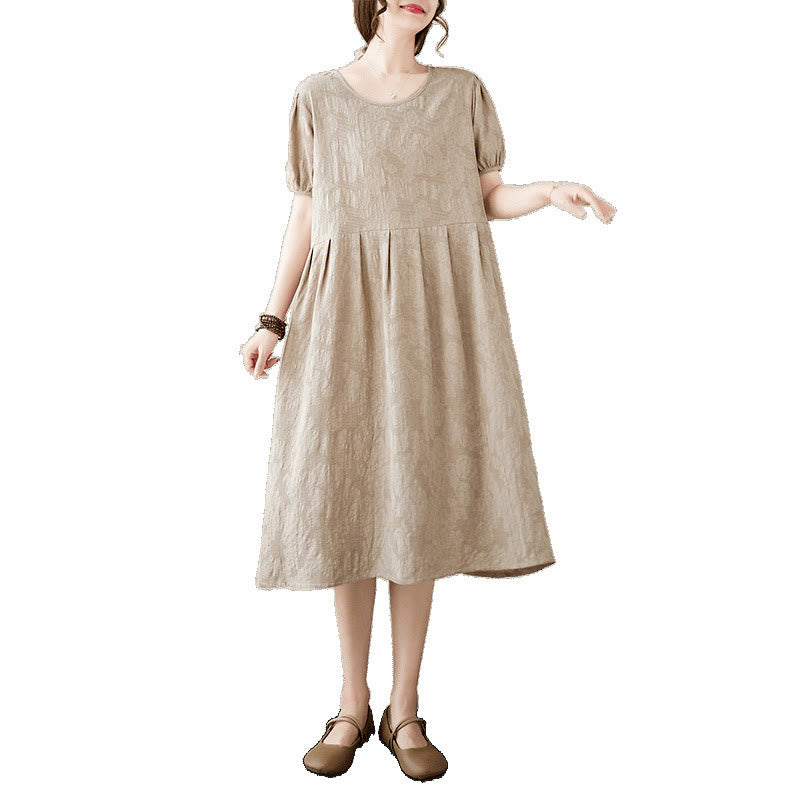 Sukienka midi Buddha Stones w jednolitym kolorze z żakardu z okrągłym dekoltem i krótkim bufiastym rękawem z bawełny i lnu - image 16