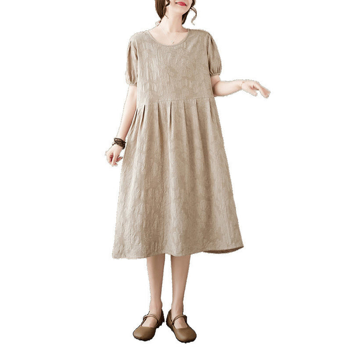 Sukienka midi Buddha Stones w jednolitym kolorze z żakardu z okrągłym dekoltem i krótkim bufiastym rękawem z bawełny i lnu - image 16