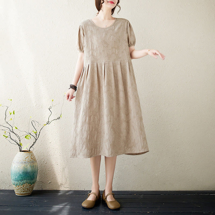 Sukienka midi Buddha Stones w jednolitym kolorze z żakardu z okrągłym dekoltem i krótkim bufiastym rękawem z bawełny i lnu - Ciemny Khaki - US8-10，UK/AU12-14，EU40-42 (2XL) - image 11