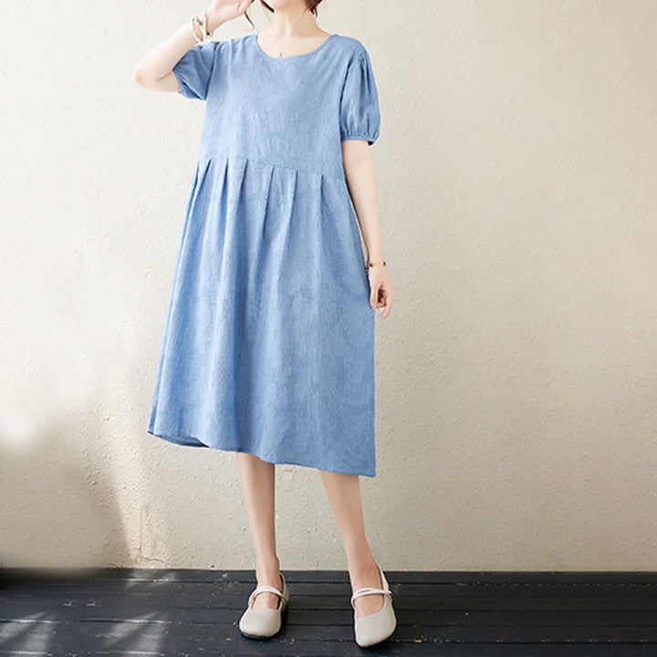 Sukienka midi Buddha Stones w jednolitym kolorze z żakardu z okrągłym dekoltem i krótkim bufiastym rękawem z bawełny i lnu - image 22