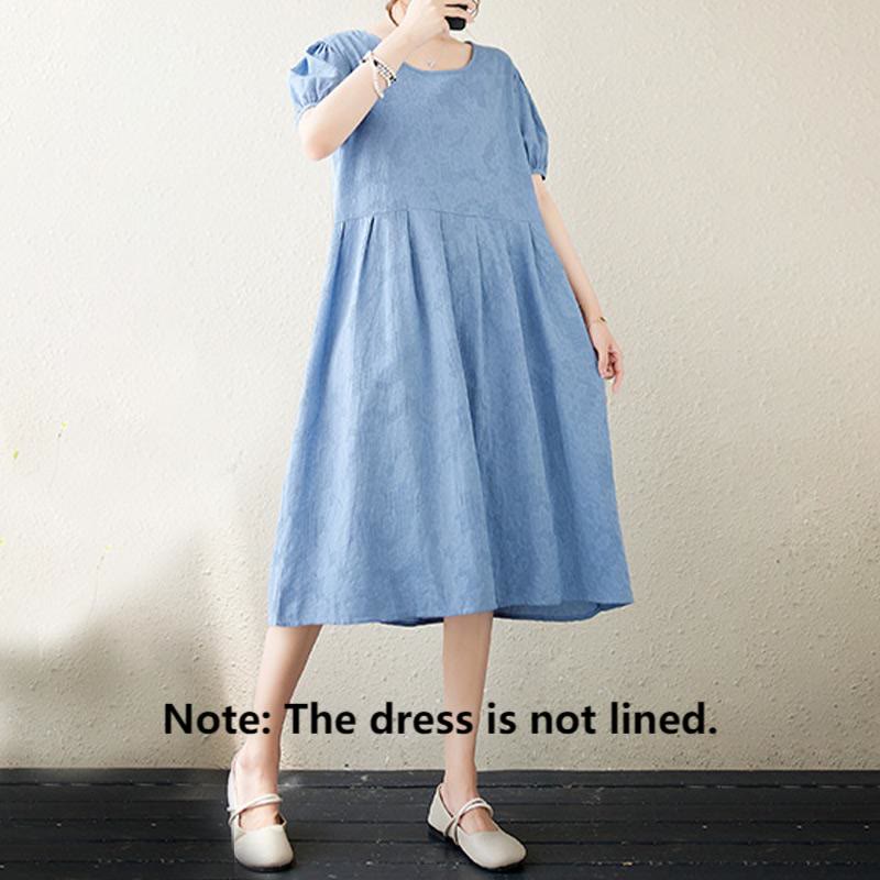 Sukienka midi Buddha Stones w jednolitym kolorze z żakardu z okrągłym dekoltem i krótkim bufiastym rękawem z bawełny i lnu - image 18