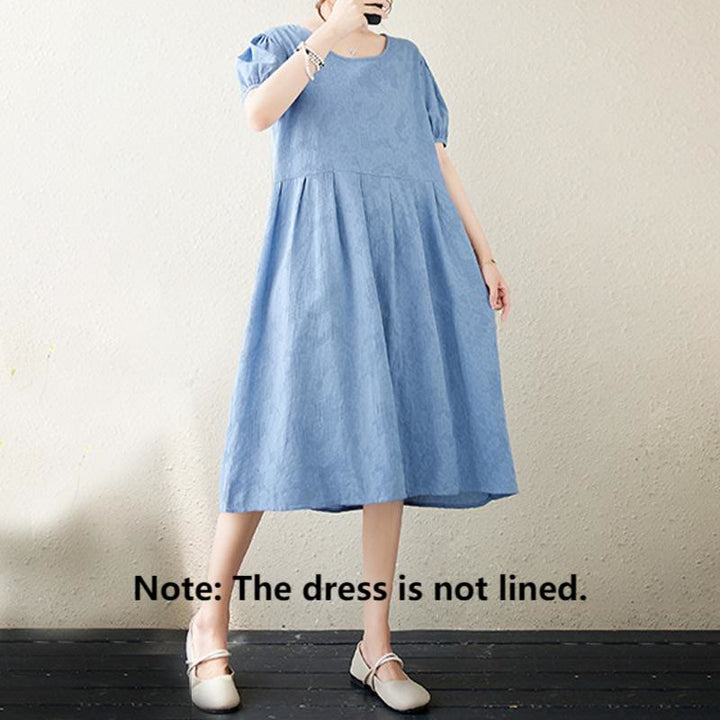 Sukienka midi Buddha Stones w jednolitym kolorze z żakardu z okrągłym dekoltem i krótkim bufiastym rękawem z bawełny i lnu - image 18