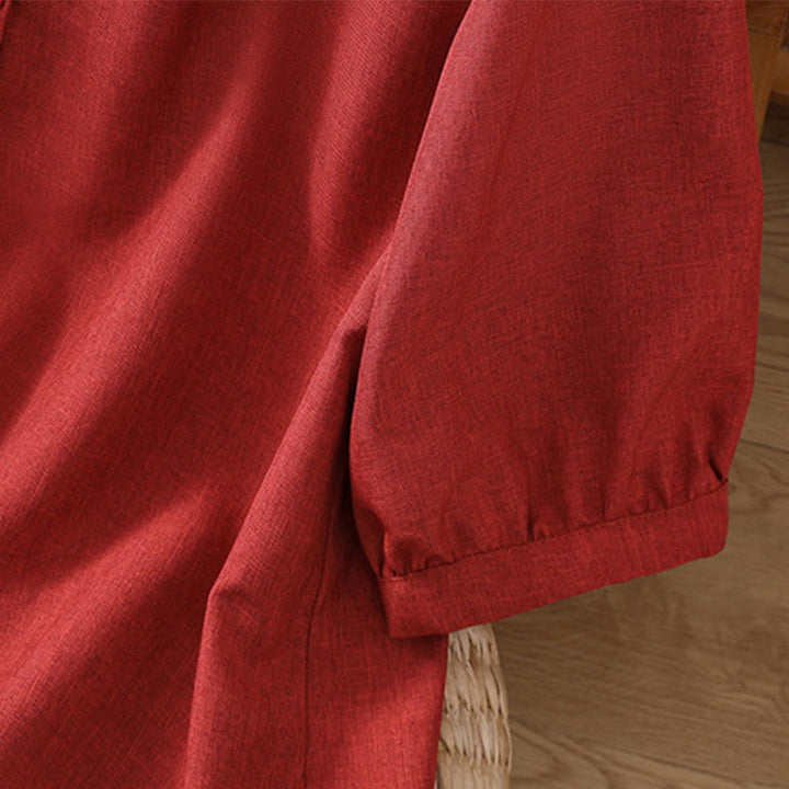 Koszula damska z bawełny i lnu z rękawami trzy czwarte, z okrągłym dekoltem i prostymi guzikami Buddha Stones