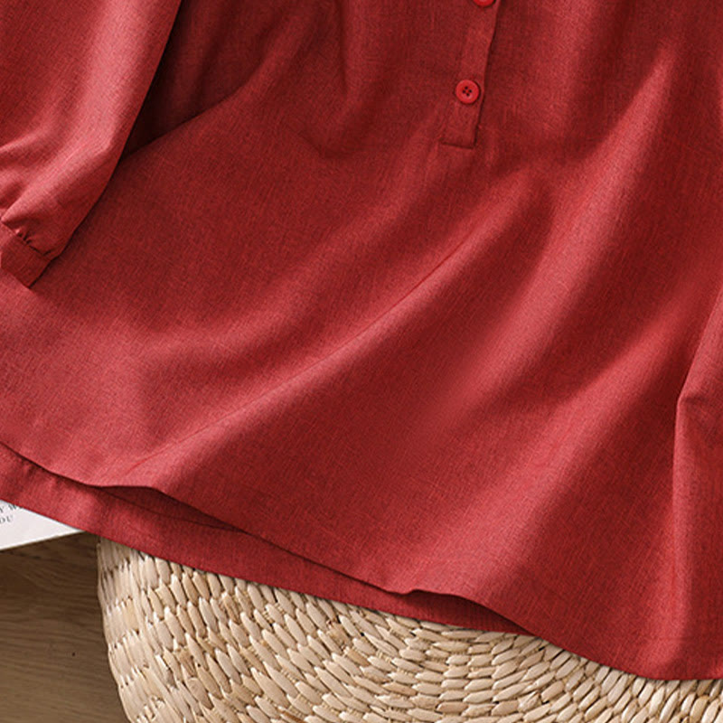 Koszula damska z bawełny i lnu z rękawami trzy czwarte, z okrągłym dekoltem i prostymi guzikami Buddha Stones