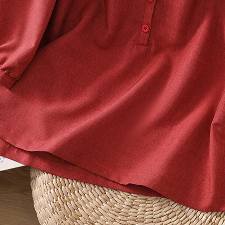 Koszula damska z bawełny i lnu z rękawami trzy czwarte, z okrągłym dekoltem i prostymi guzikami Buddha Stones