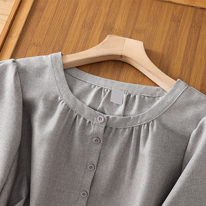 Koszula damska z bawełny i lnu z rękawami trzy czwarte, z okrągłym dekoltem i prostymi guzikami Buddha Stones - image 6