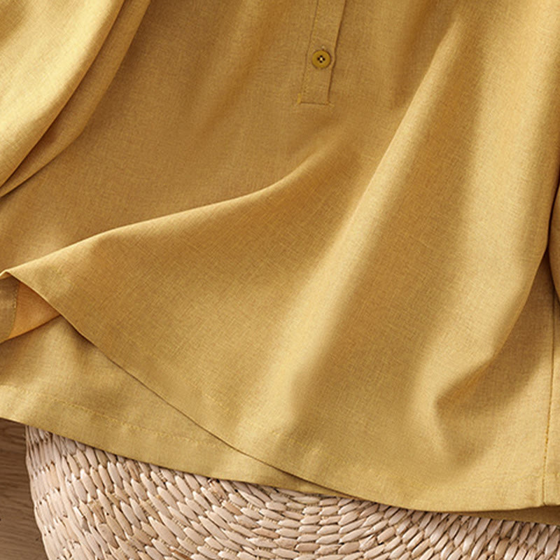 Koszula damska z bawełny i lnu z rękawami trzy czwarte, z okrągłym dekoltem i prostymi guzikami Buddha Stones