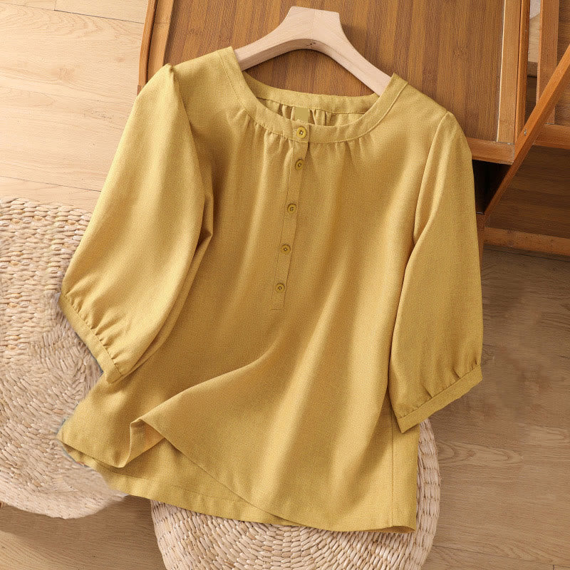 Koszula damska z bawełny i lnu z rękawami trzy czwarte, z okrągłym dekoltem i prostymi guzikami Buddha Stones - Khaki - US14, UK/AU18, EU46 (2XL) - image 7