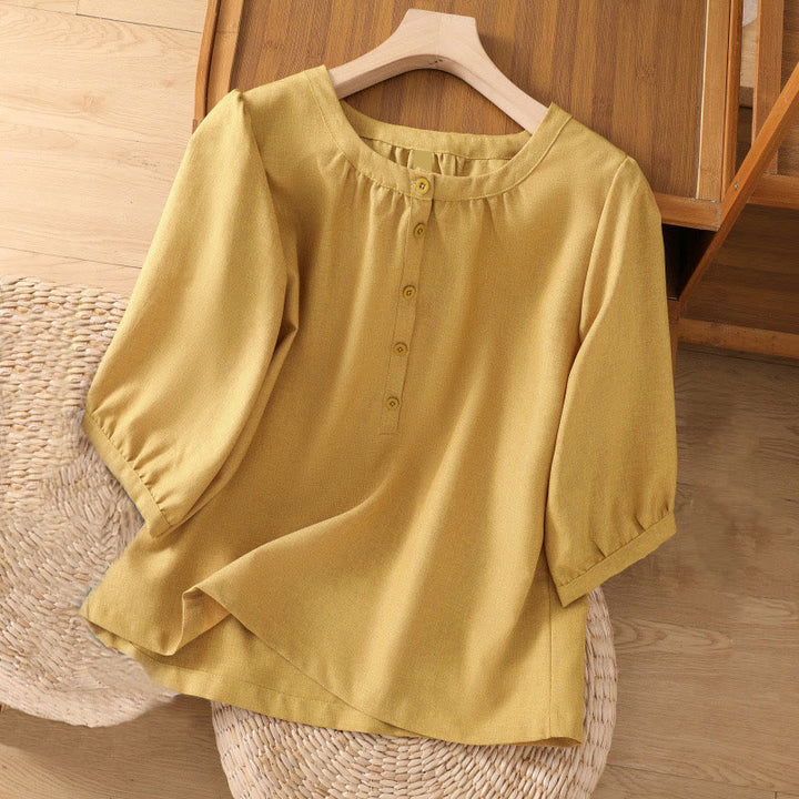 Koszula damska z bawełny i lnu z rękawami trzy czwarte, z okrągłym dekoltem i prostymi guzikami Buddha Stones - Khaki - US14, UK/AU18, EU46 (2XL) - image 7