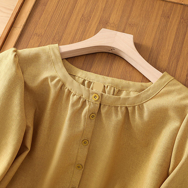 Koszula damska z bawełny i lnu z rękawami trzy czwarte, z okrągłym dekoltem i prostymi guzikami Buddha Stones - image 10