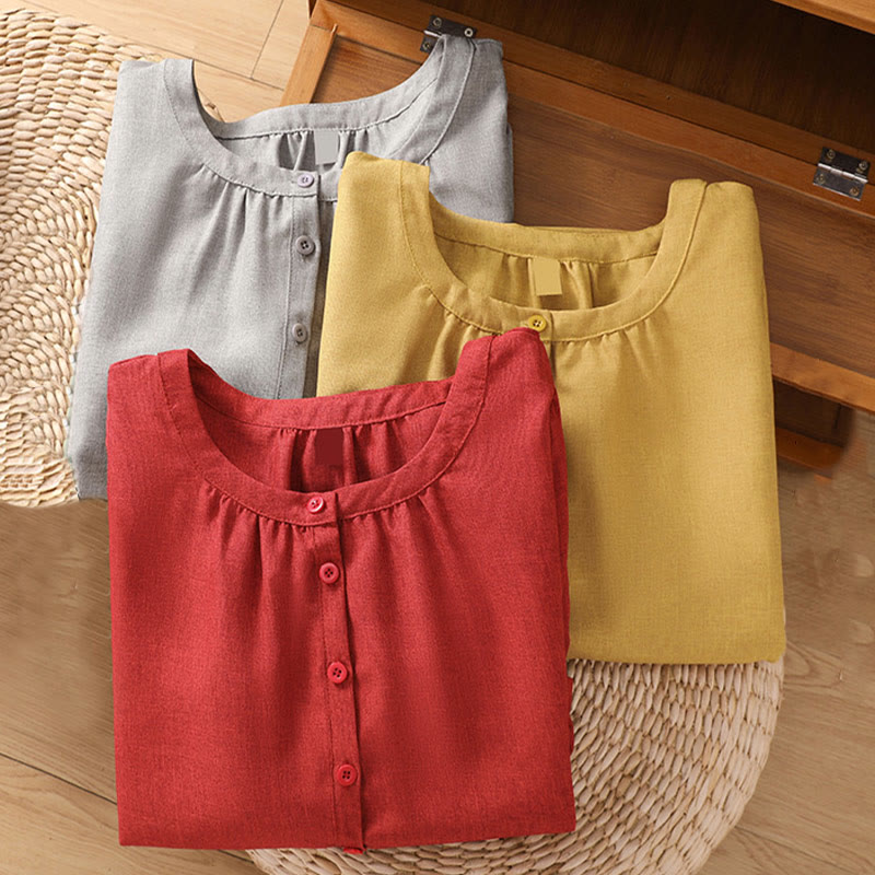 Koszula damska z bawełny i lnu z rękawami trzy czwarte, z okrągłym dekoltem i prostymi guzikami Buddha Stones - image 13