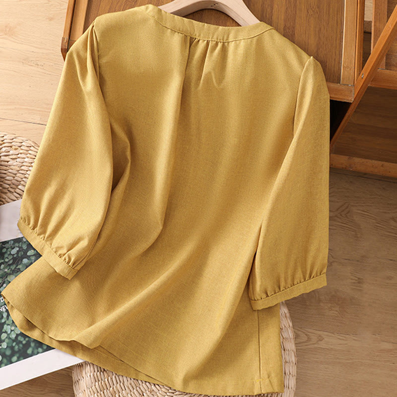 Koszula damska z bawełny i lnu z rękawami trzy czwarte, z okrągłym dekoltem i prostymi guzikami Buddha Stones