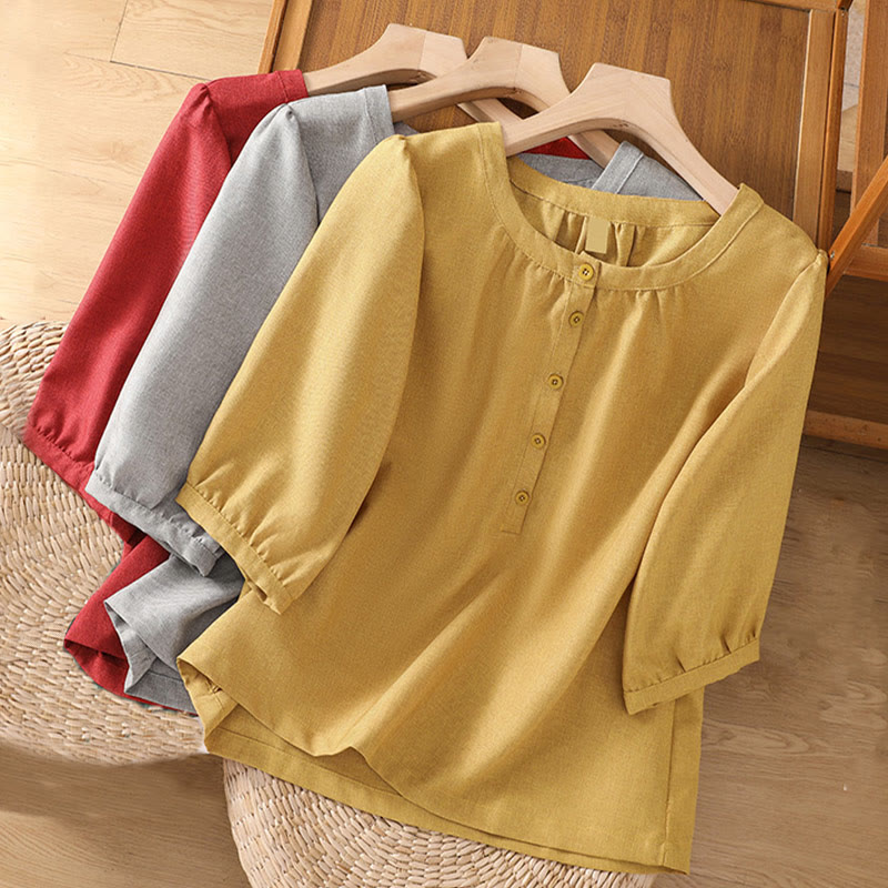 Koszula damska z bawełny i lnu z rękawami trzy czwarte, z okrągłym dekoltem i prostymi guzikami Buddha Stones - image 12