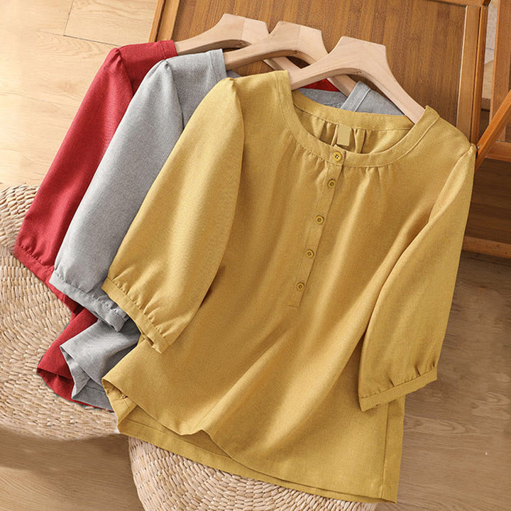 Koszula damska z bawełny i lnu z rękawami trzy czwarte, z okrągłym dekoltem i prostymi guzikami Buddha Stones - image 12