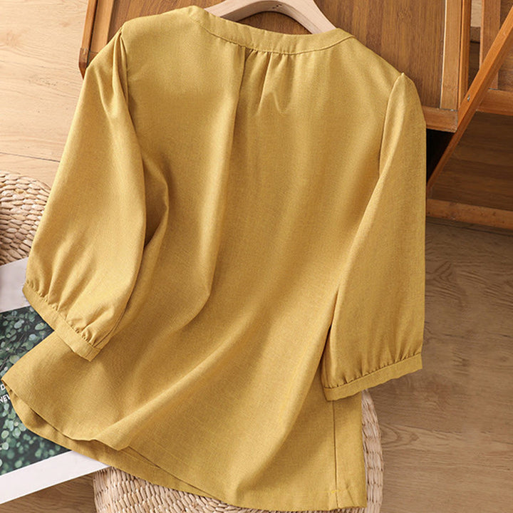 Koszula damska z bawełny i lnu z rękawami trzy czwarte, z okrągłym dekoltem i prostymi guzikami Buddha Stones - image 8