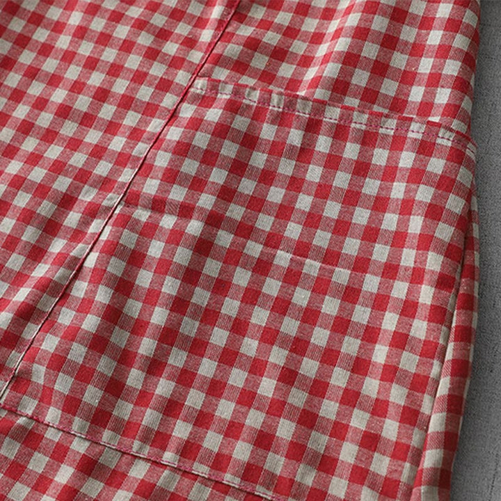 Sukienka midi z bawełny Buddha Stones w kratkę, z krótkim rękawem i kieszeniami, w swobodnym stylu vintage - image 12