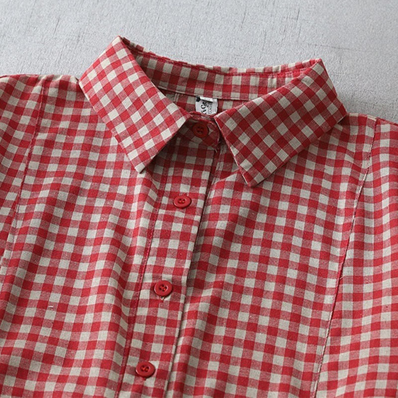 Sukienka midi z bawełny Buddha Stones w kratkę, z krótkim rękawem i kieszeniami, w swobodnym stylu vintage - image 8