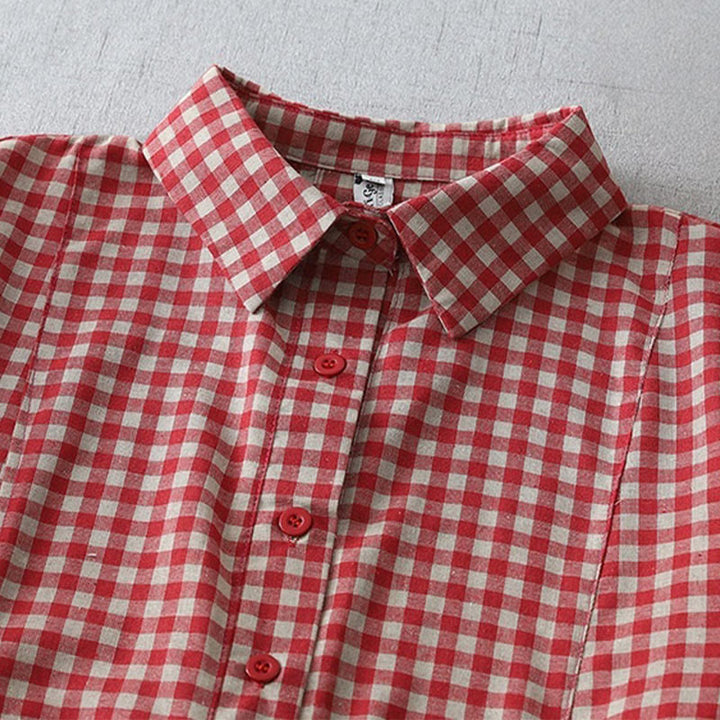 Sukienka midi z bawełny Buddha Stones w kratkę, z krótkim rękawem i kieszeniami, w swobodnym stylu vintage - image 8