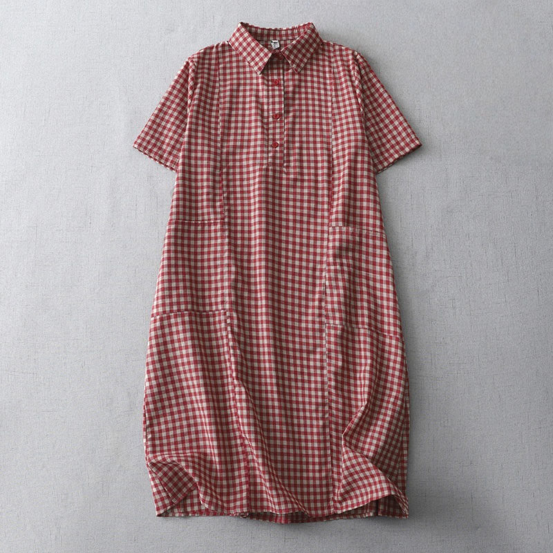 Sukienka midi z bawełny Buddha Stones w kratkę, z krótkim rękawem i kieszeniami, w swobodnym stylu vintage - Karmazynowy - US8-10，UK/AU12-14，EU40-42 (2XL) - image 6