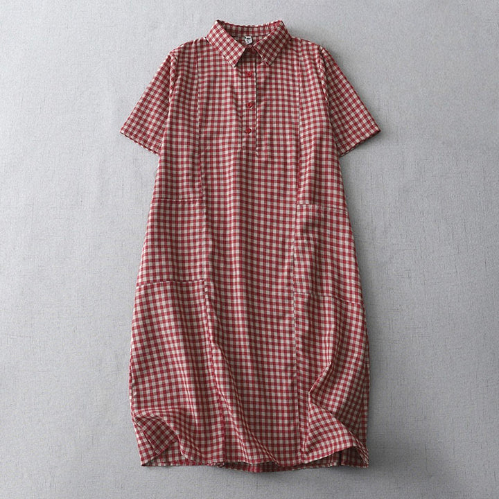 Sukienka midi z bawełny Buddha Stones w kratkę, z krótkim rękawem i kieszeniami, w swobodnym stylu vintage - Karmazynowy - US8-10，UK/AU12-14，EU40-42 (2XL) - image 6