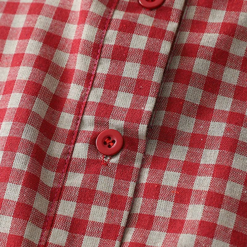 Sukienka midi z bawełny Buddha Stones w kratkę, z krótkim rękawem i kieszeniami, w swobodnym stylu vintage - image 11