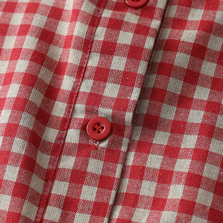 Sukienka midi z bawełny Buddha Stones w kratkę, z krótkim rękawem i kieszeniami, w swobodnym stylu vintage - image 11