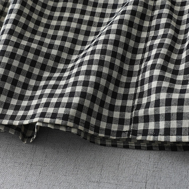 Sukienka midi z bawełny Buddha Stones w kratkę, z krótkim rękawem i kieszeniami, w swobodnym stylu vintage - image 5