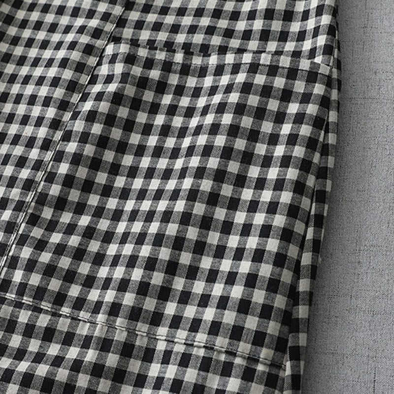 Sukienka midi z bawełny Buddha Stones w kratkę, z krótkim rękawem i kieszeniami, w swobodnym stylu vintage - image 3