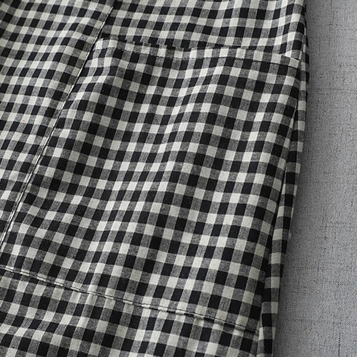 Sukienka midi z bawełny Buddha Stones w kratkę, z krótkim rękawem i kieszeniami, w swobodnym stylu vintage - image 3