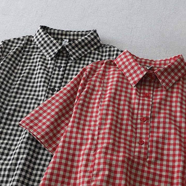 Sukienka midi z bawełny Buddha Stones w kratkę, z krótkim rękawem i kieszeniami, w swobodnym stylu vintage - image 16