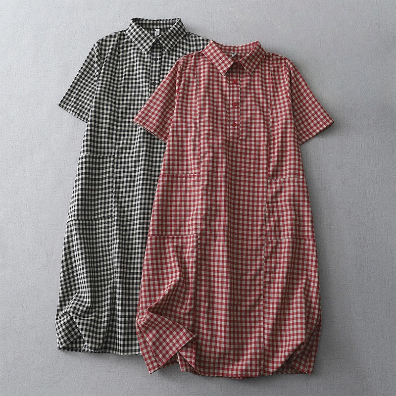 Sukienka midi z bawełny Buddha Stones w kratkę, z krótkim rękawem i kieszeniami, w swobodnym stylu vintage - image 15