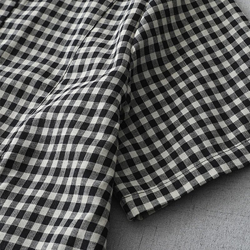 Sukienka midi z bawełny Buddha Stones w kratkę, z krótkim rękawem i kieszeniami, w swobodnym stylu vintage - image 4