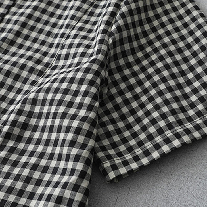 Sukienka midi z bawełny Buddha Stones w kratkę, z krótkim rękawem i kieszeniami, w swobodnym stylu vintage - image 4