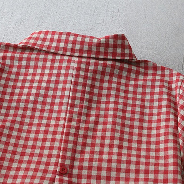 Sukienka midi z bawełny Buddha Stones w kratkę, z krótkim rękawem i kieszeniami, w swobodnym stylu vintage - image 9