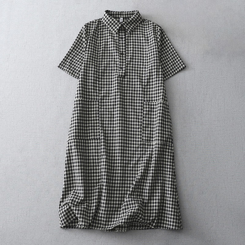 Sukienka midi z bawełny Buddha Stones w kratkę, z krótkim rękawem i kieszeniami, w swobodnym stylu vintage - Czarny - US8-10，UK/AU12-14，EU40-42 (2XL) - image 0