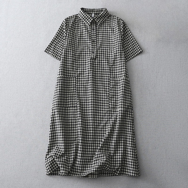 Sukienka midi z bawełny Buddha Stones w kratkę, z krótkim rękawem i kieszeniami, w swobodnym stylu vintage - Czarny - US8-10，UK/AU12-14，EU40-42 (2XL) - image 0