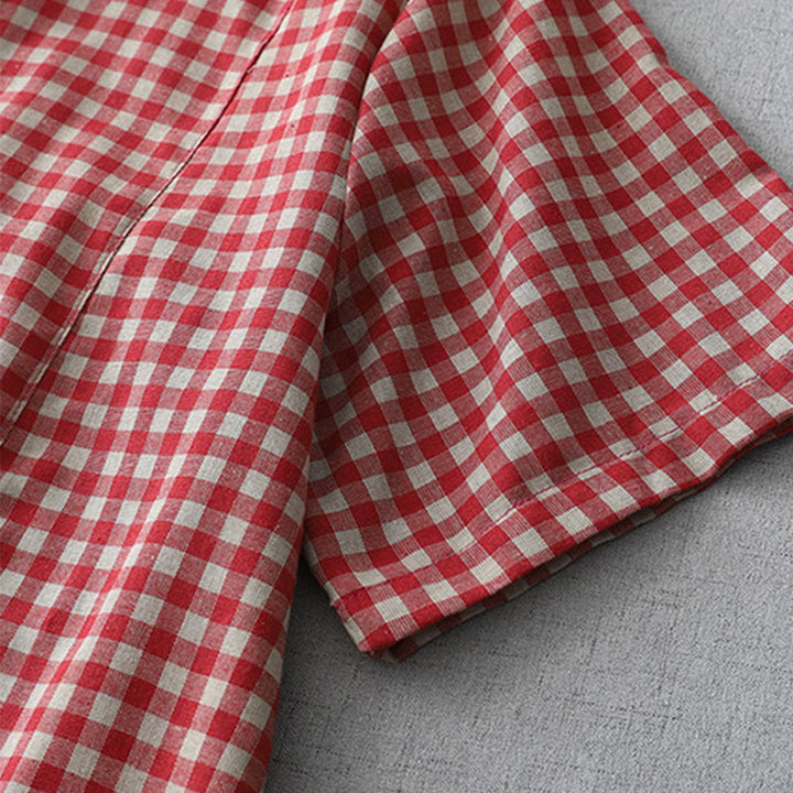 Sukienka midi z bawełny Buddha Stones w kratkę, z krótkim rękawem i kieszeniami, w swobodnym stylu vintage - image 10