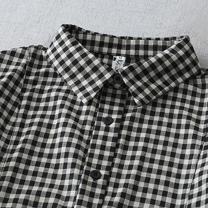 Sukienka midi z bawełny Buddha Stones w kratkę, z krótkim rękawem i kieszeniami, w swobodnym stylu vintage - image 2