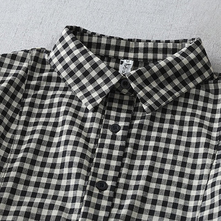 Sukienka midi z bawełny Buddha Stones w kratkę, z krótkim rękawem i kieszeniami, w swobodnym stylu vintage - image 2