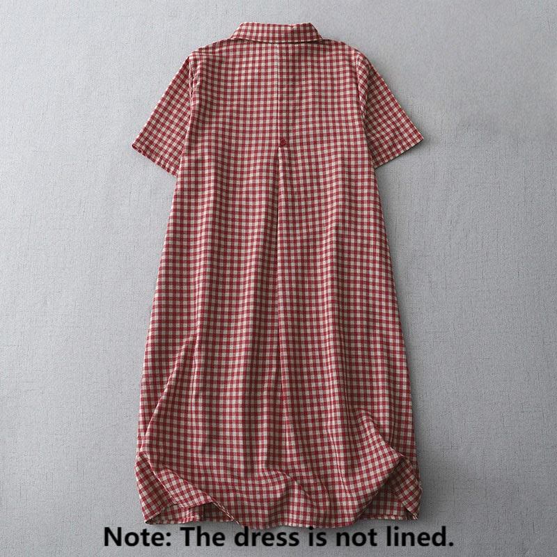 Sukienka midi z bawełny Buddha Stones w kratkę, z krótkim rękawem i kieszeniami, w swobodnym stylu vintage - image 7