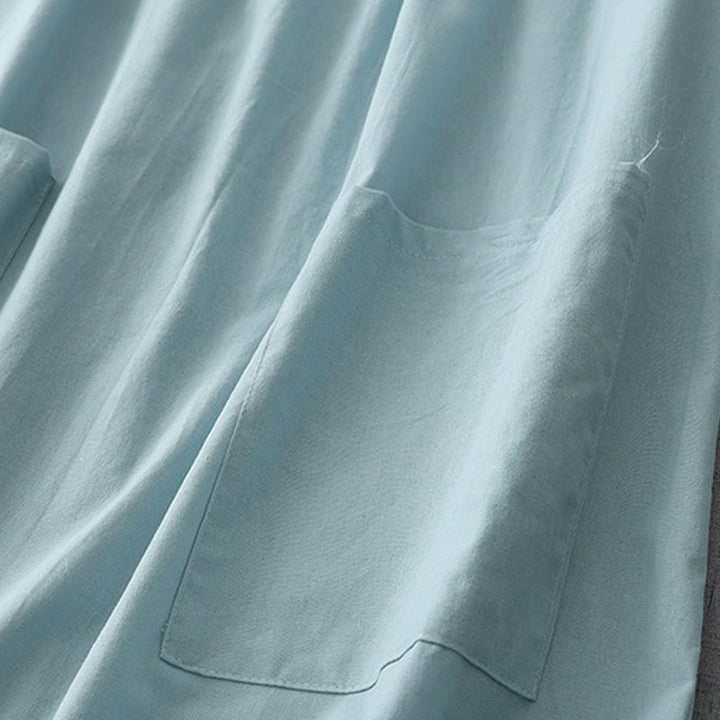 Sukienka midi z kolekcji Buddha Stones w swobodnym, czystym kolorze, z guzikami z tyłu, okrągłym dekoltem, krótkim rękawem, bawełną i lnem, z kieszeniami - image 3