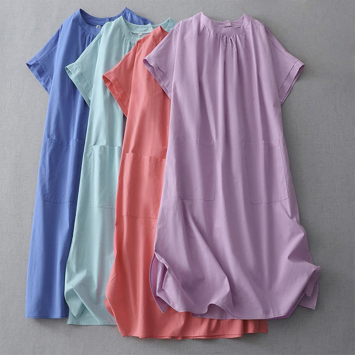 Sukienka midi z kolekcji Buddha Stones w swobodnym, czystym kolorze, z guzikami z tyłu, okrągłym dekoltem, krótkim rękawem, bawełną i lnem, z kieszeniami - image 25